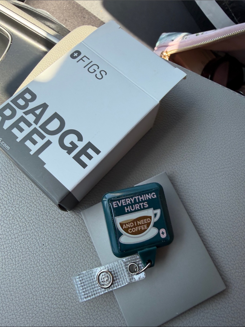 Figs Teal Badge Reel with Coffee Graphic